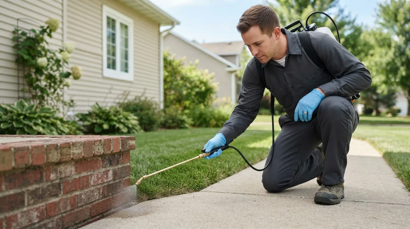 Pest control technician treating a home near Nada, TX